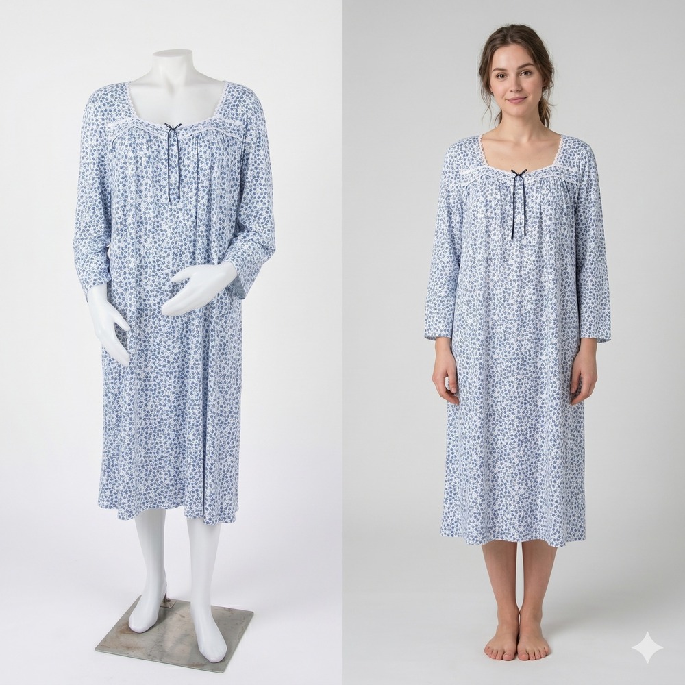 Eileen West Nightgown Cotton Blue Floral Long Sleeve Grandmacore Cottagecore EUC